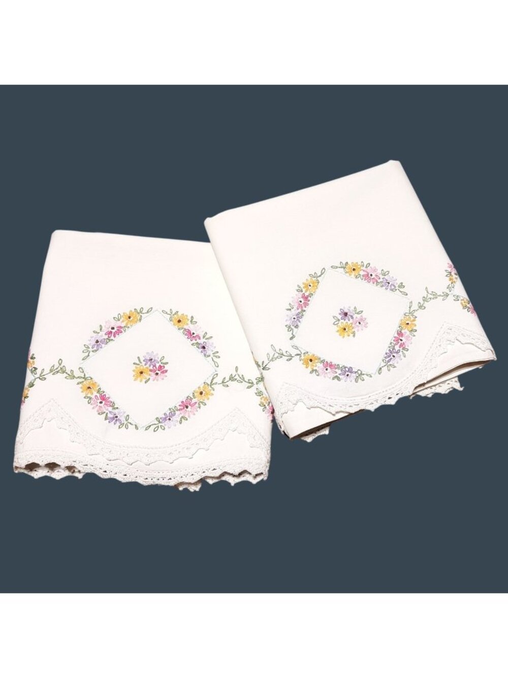 Vtg Floral Embroidered Pillowcases Lace Trim Pastel Yellow Pink Purple Flowers